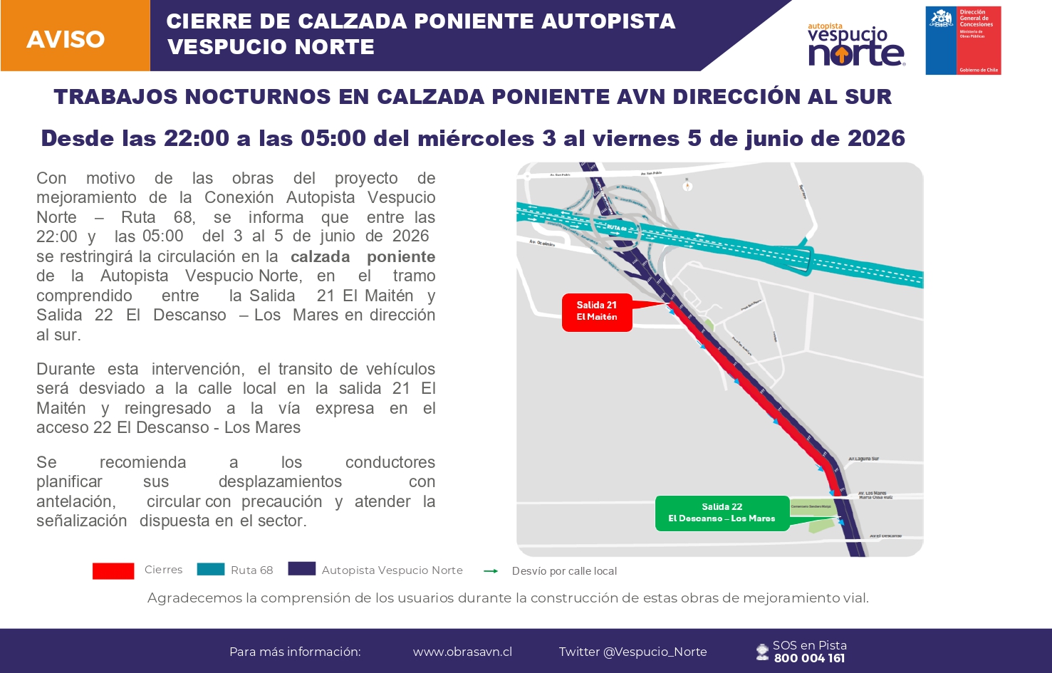 Restricción de calzada poniente AVN dirección al Sur.